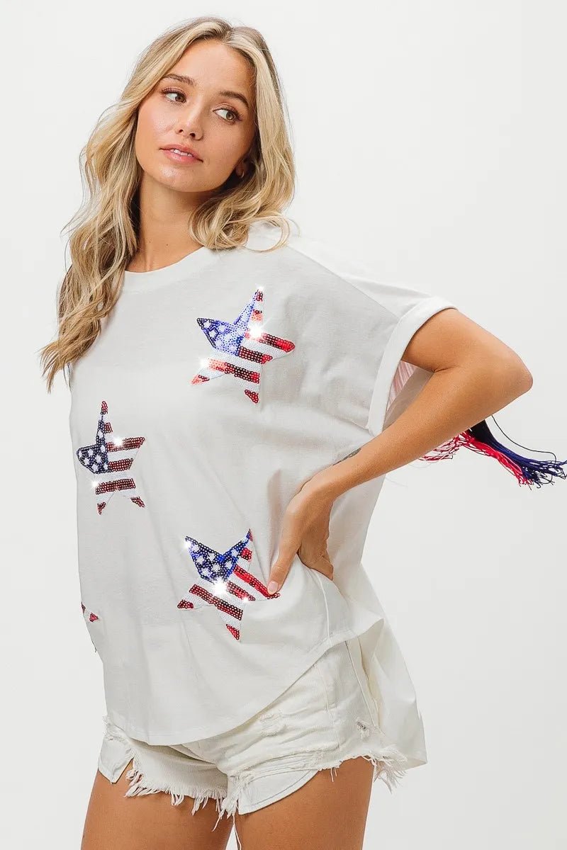 BiBi American Flag Sequin Star Fringe Top - Bitsy Gypsy Boutique