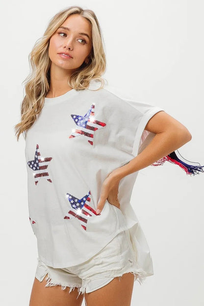 BiBi American Flag Sequin Star Fringe Top - Bitsy Gypsy Boutique