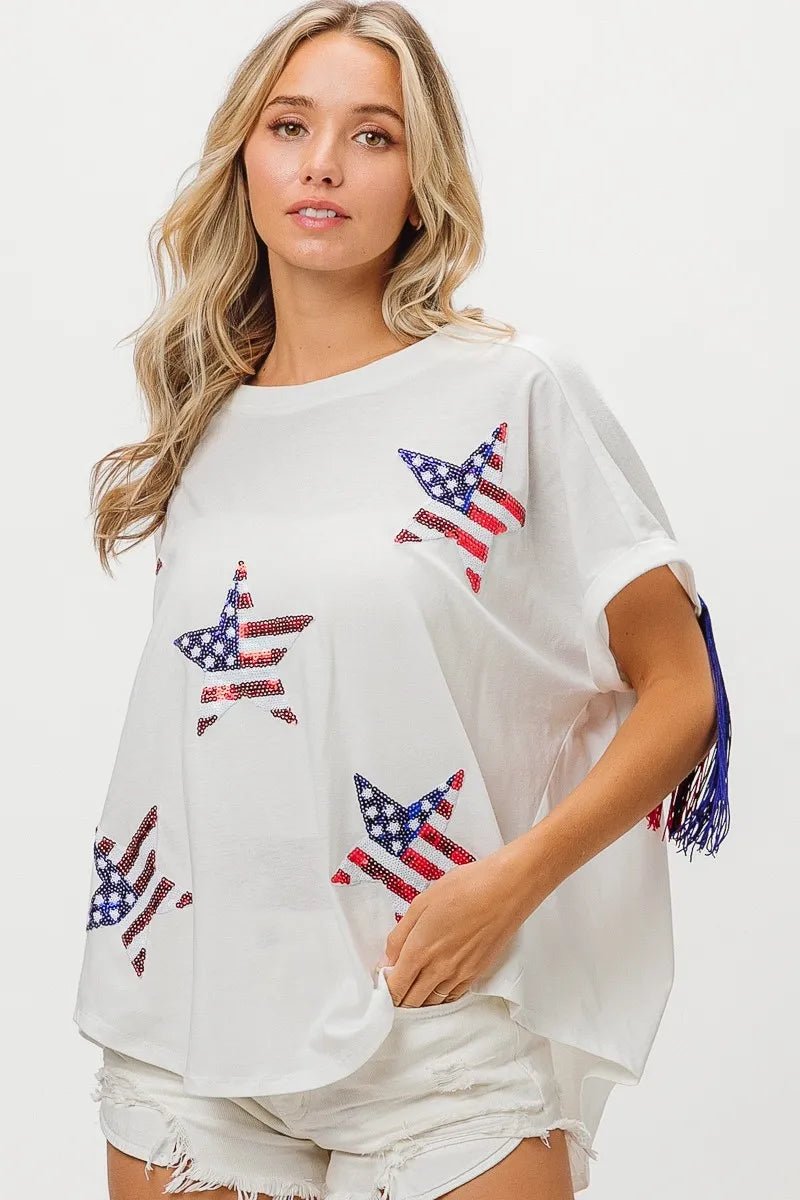 BiBi American Flag Sequin Star Fringe Top - Bitsy Gypsy Boutique