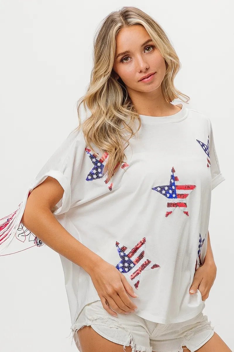 BiBi American Flag Sequin Star Fringe Top - Bitsy Gypsy Boutique