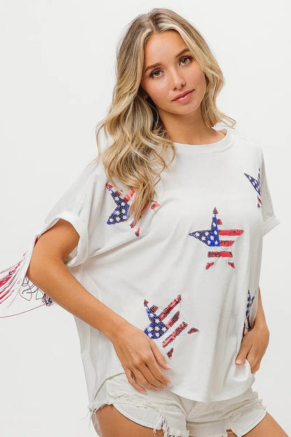 BiBi American Flag Sequin Star Fringe Top - Bitsy Gypsy Boutique