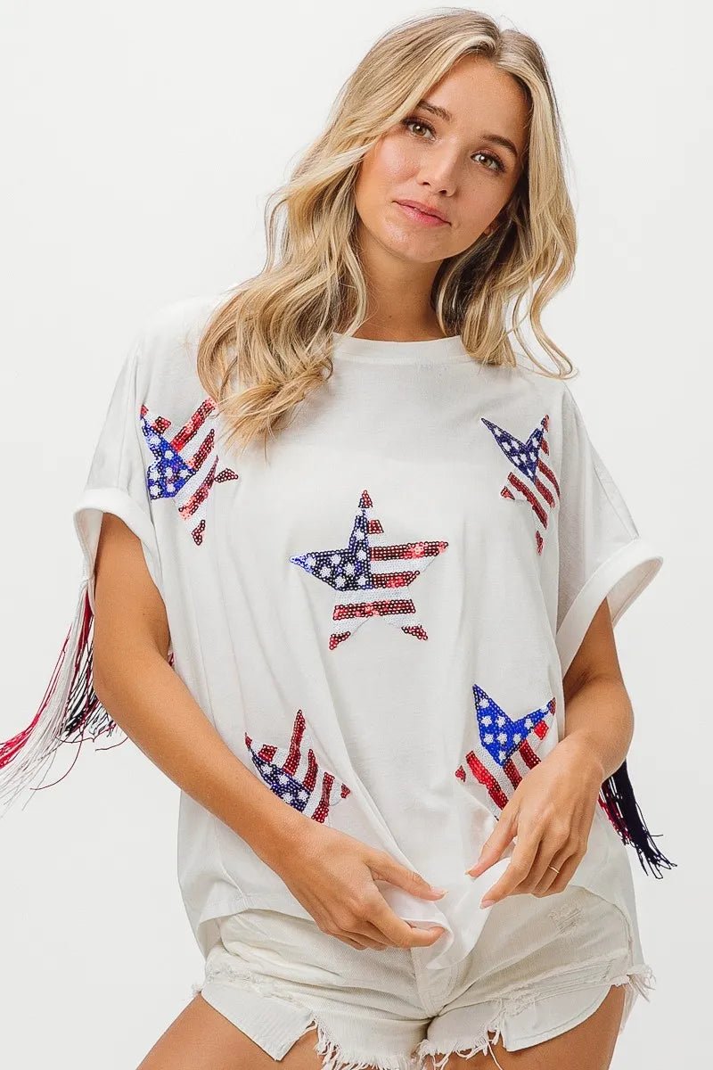BiBi American Flag Sequin Star Fringe Top - Bitsy Gypsy Boutique