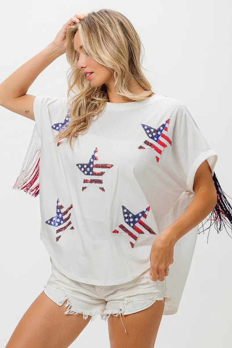 BiBi American Flag Sequin Star Fringe Top - Bitsy Gypsy Boutique