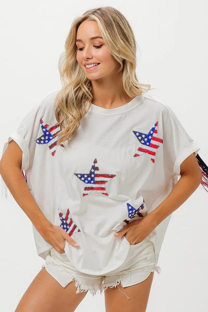 BiBi American Flag Sequin Star Fringe Top - Bitsy Gypsy Boutique