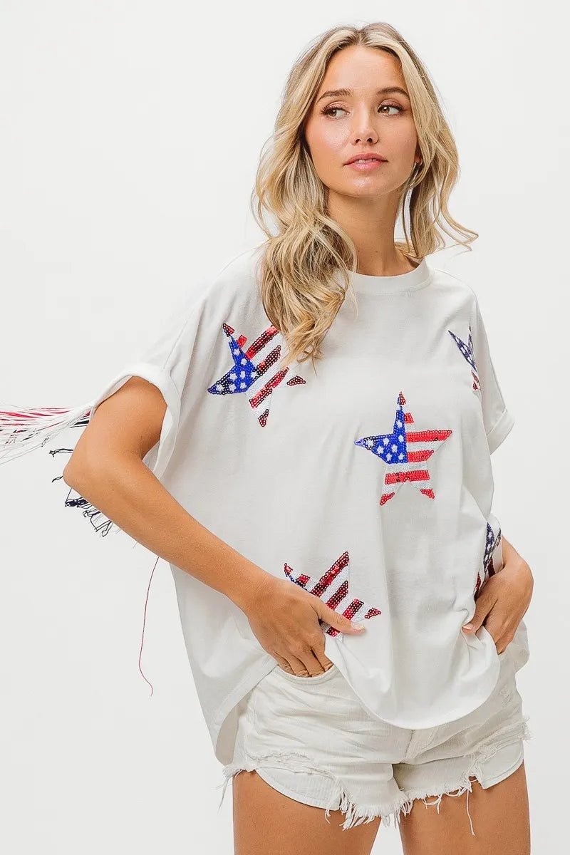 BiBi American Flag Sequin Star Fringe Top - Bitsy Gypsy Boutique