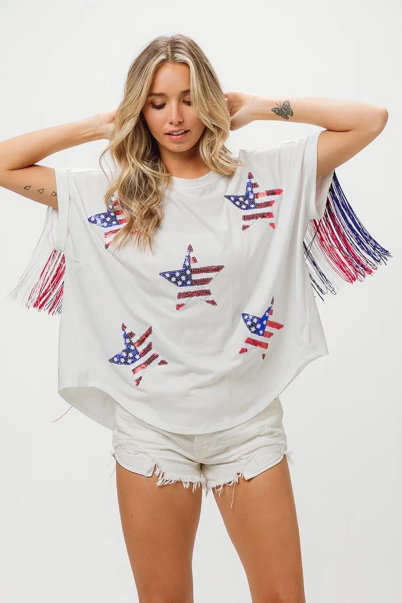 BiBi American Flag Sequin Star Fringe Top - Bitsy Gypsy Boutique