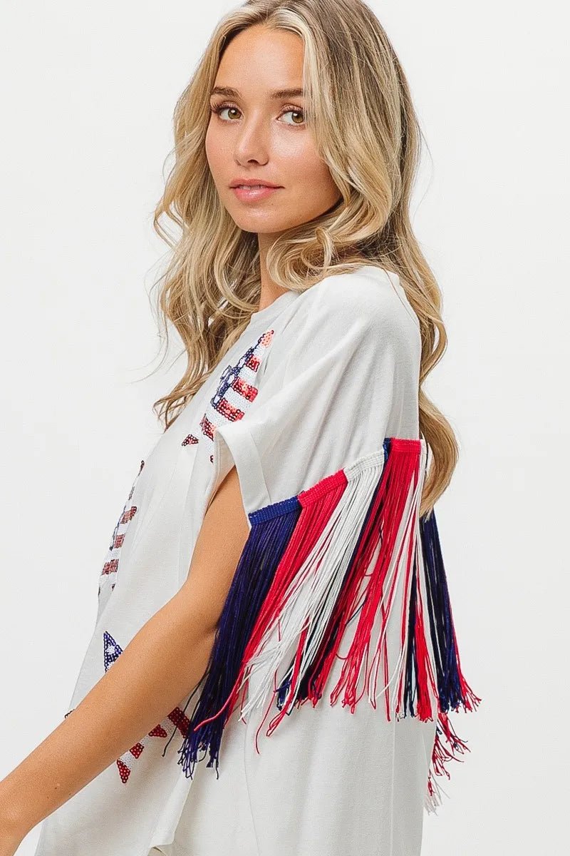 BiBi American Flag Sequin Star Fringe Top - Bitsy Gypsy Boutique