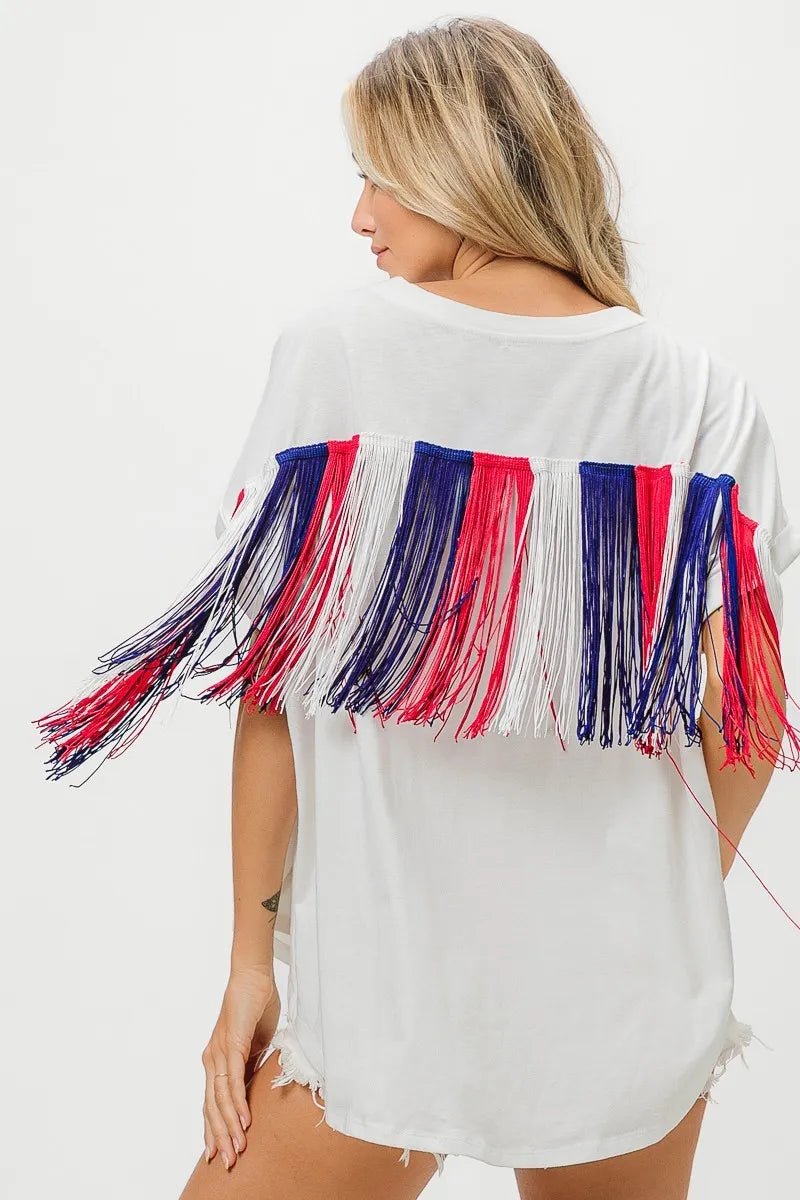 BiBi American Flag Sequin Star Fringe Top - Bitsy Gypsy Boutique