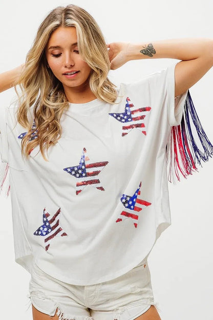 BiBi American Flag Sequin Star Fringe Top - Bitsy Gypsy Boutique