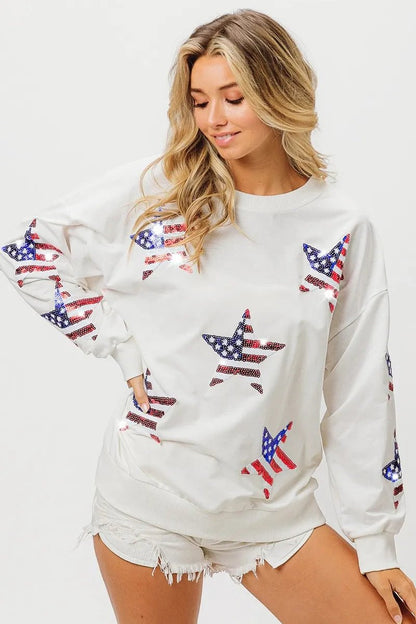 BiBi American Flag Sequin Star Sweatshirt - Bitsy Gypsy Boutique