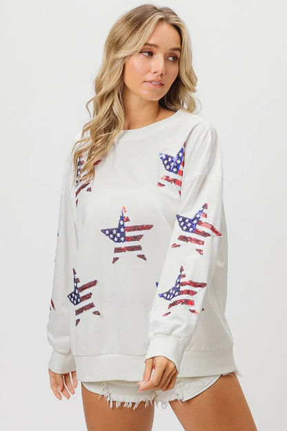 BiBi American Flag Sequin Star Sweatshirt - Bitsy Gypsy Boutique