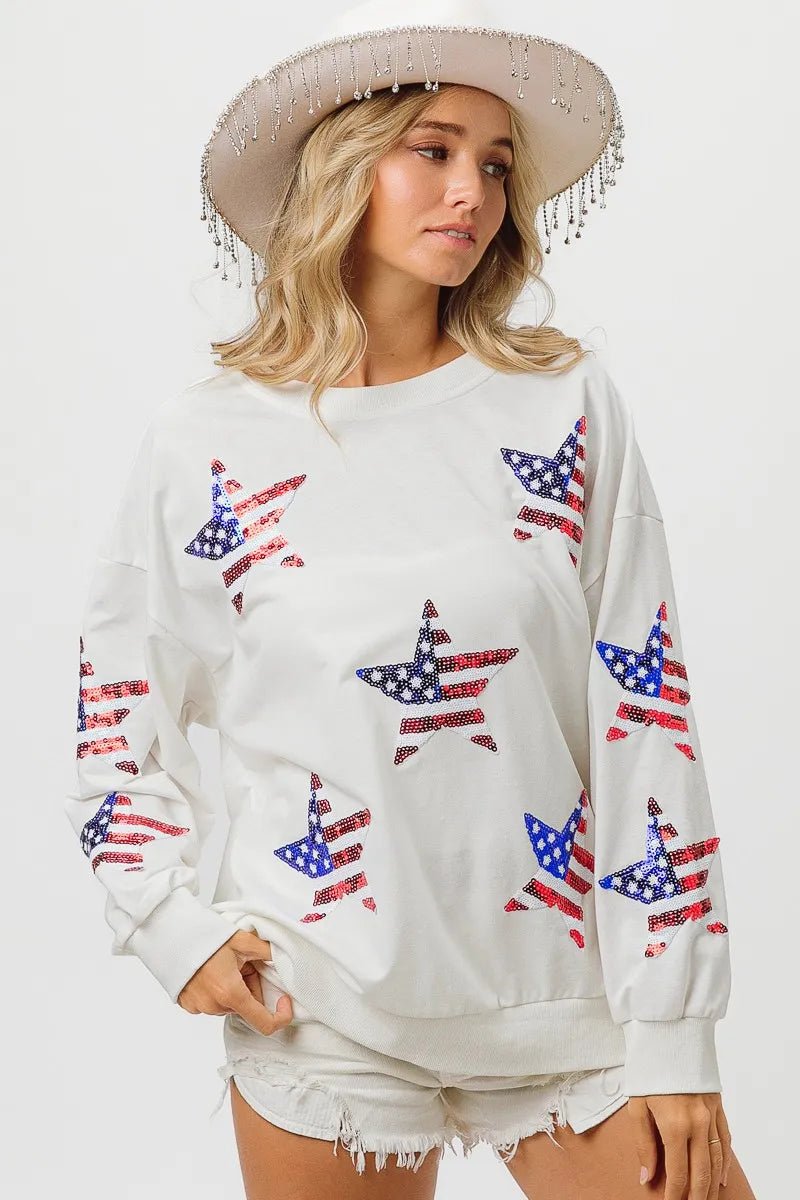 BiBi American Flag Sequin Star Sweatshirt - Bitsy Gypsy Boutique