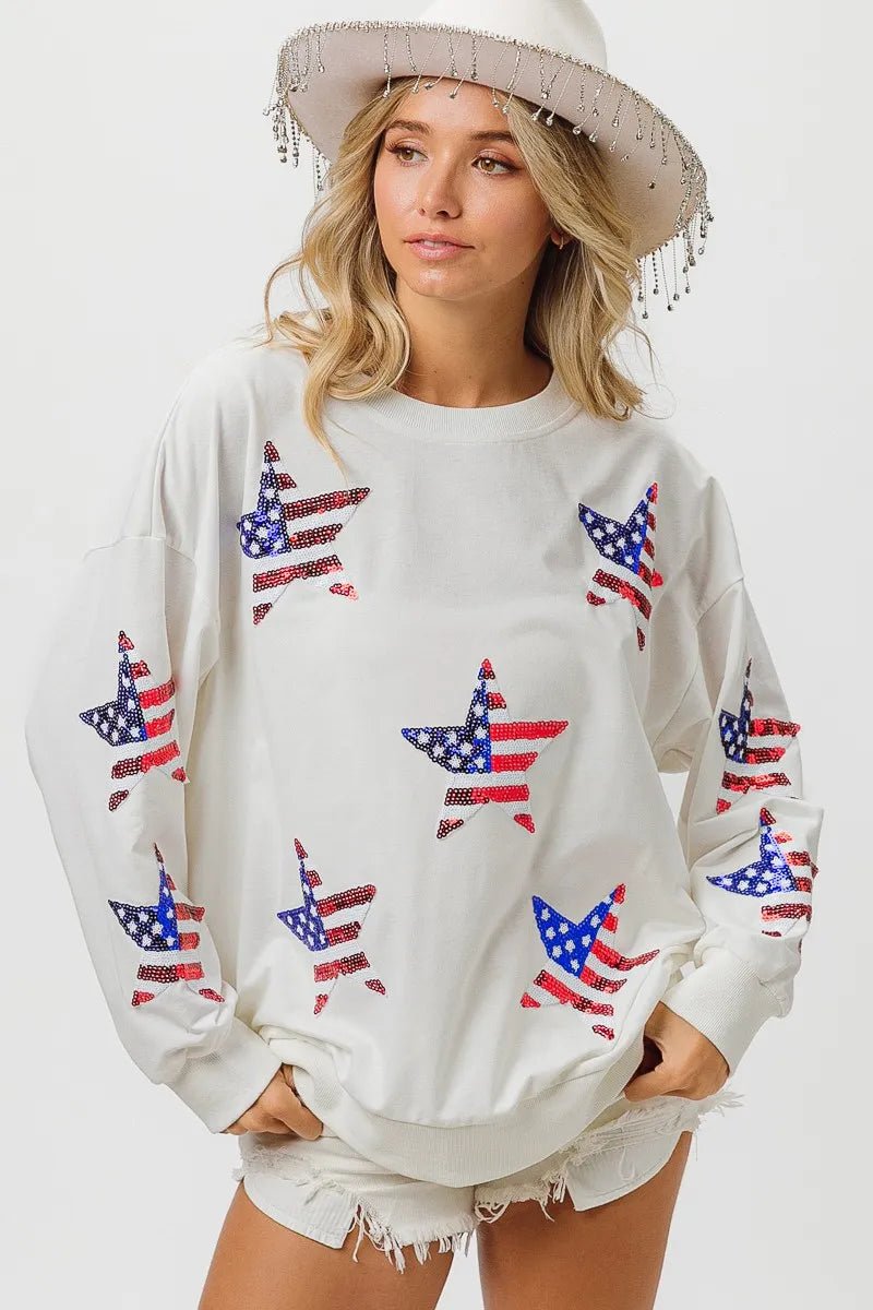 BiBi American Flag Sequin Star Sweatshirt - Bitsy Gypsy Boutique