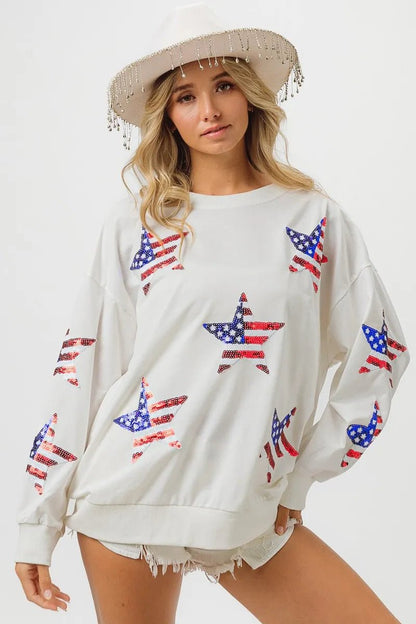 BiBi American Flag Sequin Star Sweatshirt - Bitsy Gypsy Boutique