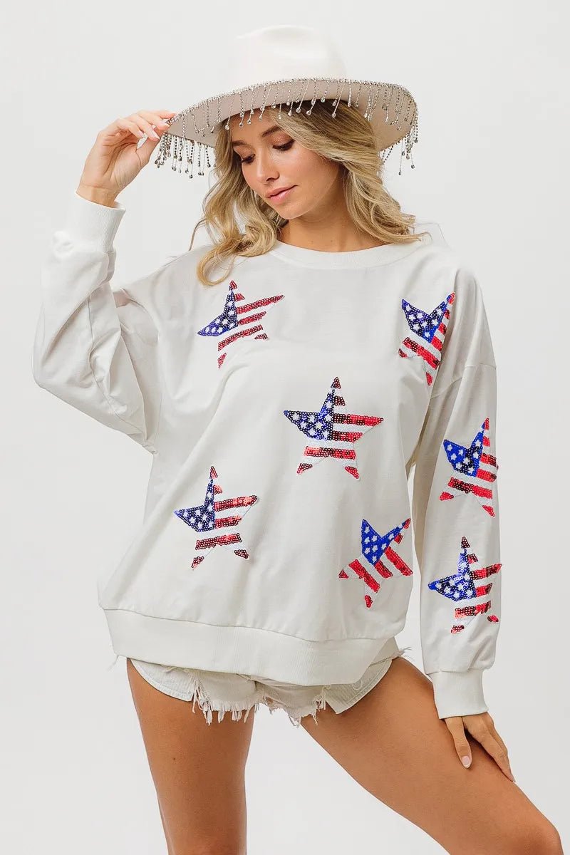 BiBi American Flag Sequin Star Sweatshirt - Bitsy Gypsy Boutique
