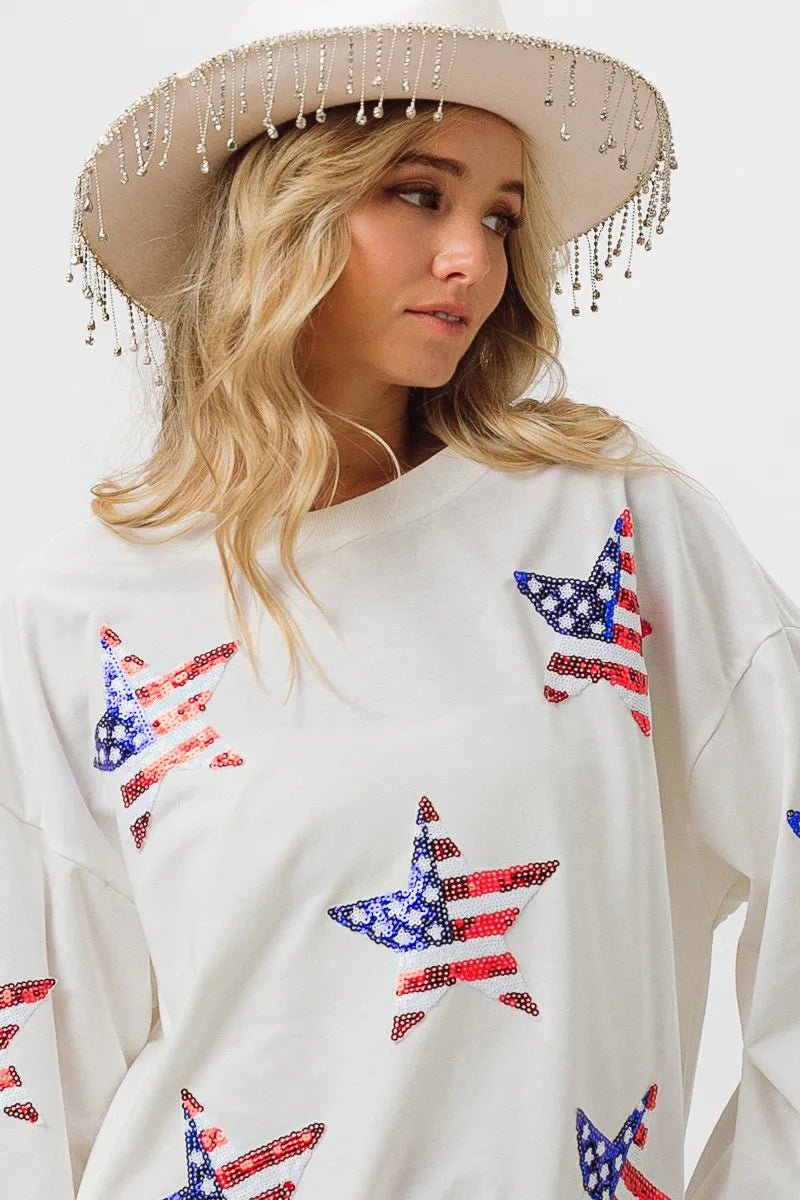 BiBi American Flag Sequin Star Sweatshirt - Bitsy Gypsy Boutique