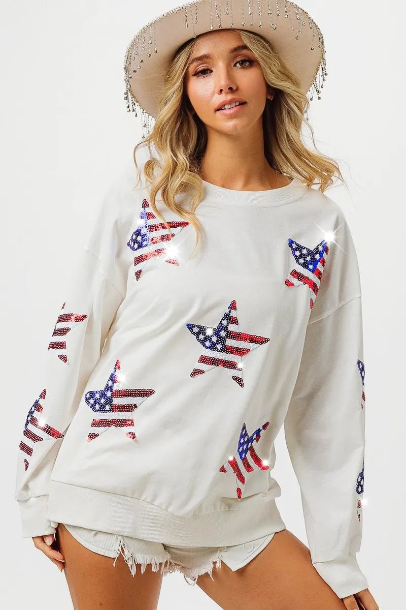 BiBi American Flag Sequin Star Sweatshirt - Bitsy Gypsy Boutique