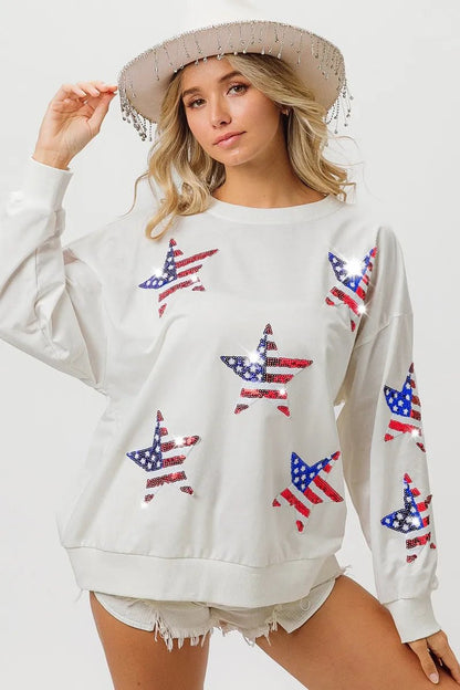 BiBi American Flag Sequin Star Sweatshirt - Bitsy Gypsy Boutique