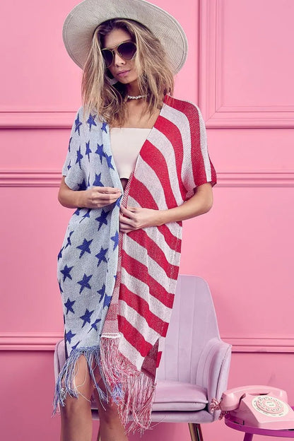 BiBi American Flag Theme Fringed Knit Cardigan - Bitsy Gypsy Boutique