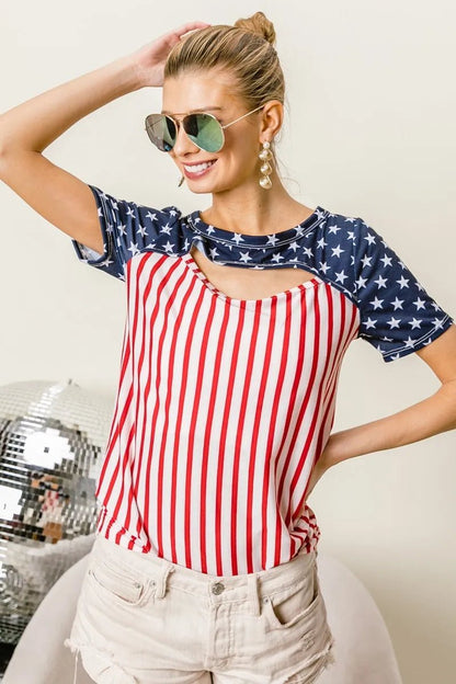 BiBi American Flag Theme Front Cut Out Top - Bitsy Gypsy Boutique