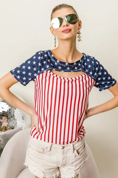BiBi American Flag Theme Front Cut Out Top - Bitsy Gypsy Boutique