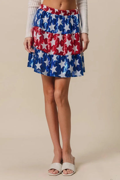 BiBi American Flag Theme Star Sequin Tiered Skirt - Bitsy Gypsy Boutique