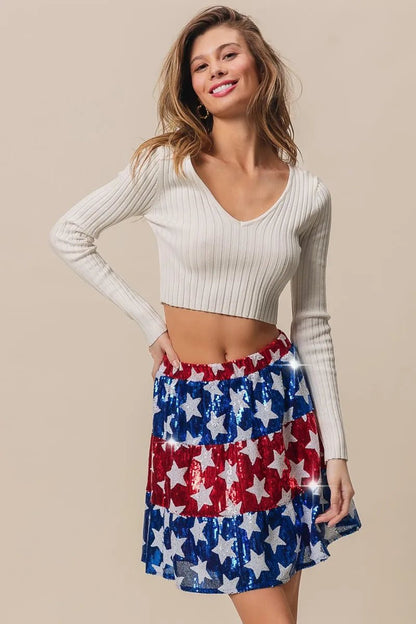 BiBi American Flag Theme Star Sequin Tiered Skirt - Bitsy Gypsy Boutique