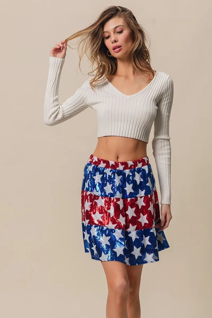 BiBi American Flag Theme Star Sequin Tiered Skirt - Bitsy Gypsy Boutique