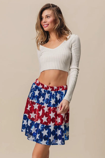 BiBi American Flag Theme Star Sequin Tiered Skirt - Bitsy Gypsy Boutique