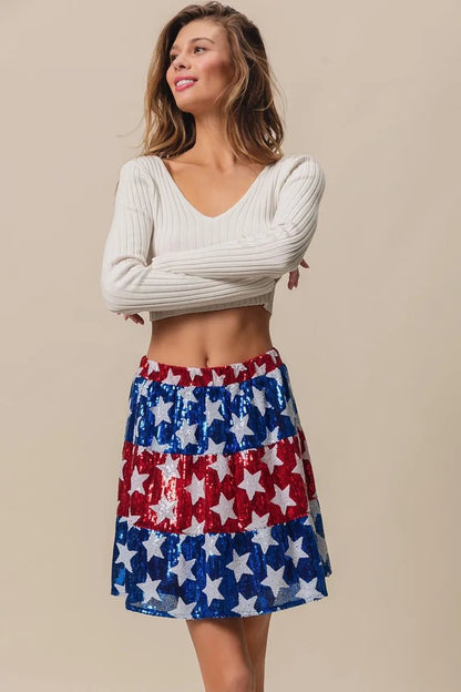 BiBi American Flag Theme Star Sequin Tiered Skirt - Bitsy Gypsy Boutique
