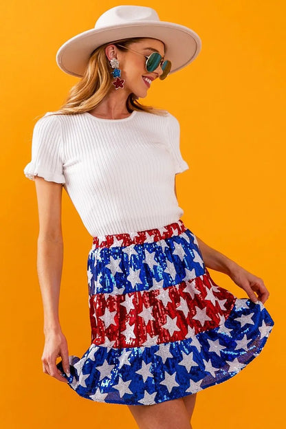 BiBi American Flag Theme Star Sequin Tiered Skirt - Bitsy Gypsy Boutique