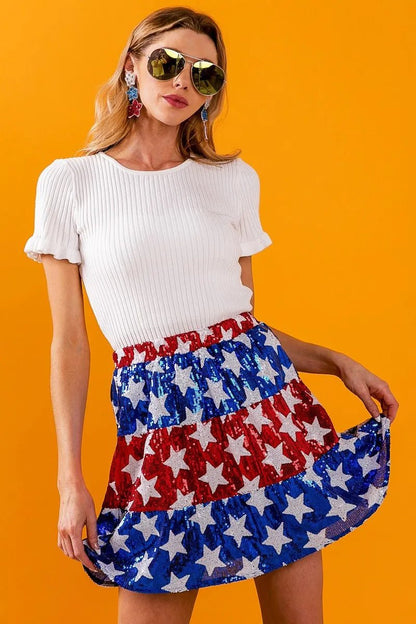 BiBi American Flag Theme Star Sequin Tiered Skirt - Bitsy Gypsy Boutique