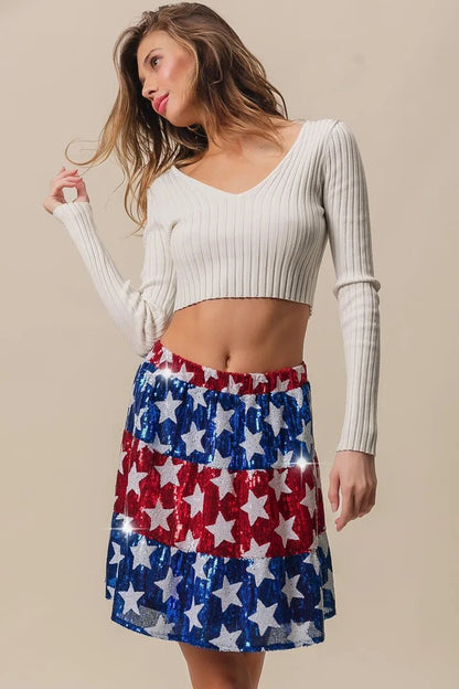 BiBi American Flag Theme Star Sequin Tiered Skirt - Bitsy Gypsy Boutique