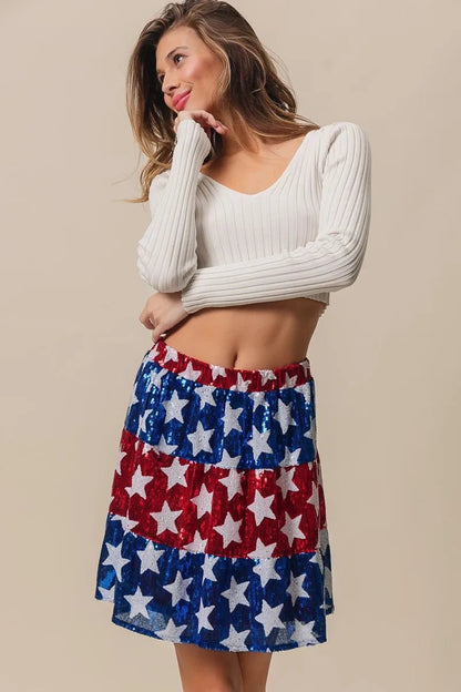 BiBi American Flag Theme Star Sequin Tiered Skirt - Bitsy Gypsy Boutique