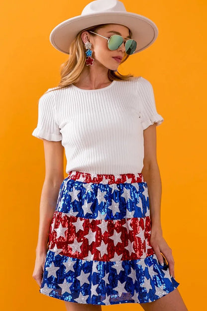 BiBi American Flag Theme Star Sequin Tiered Skirt - Bitsy Gypsy Boutique