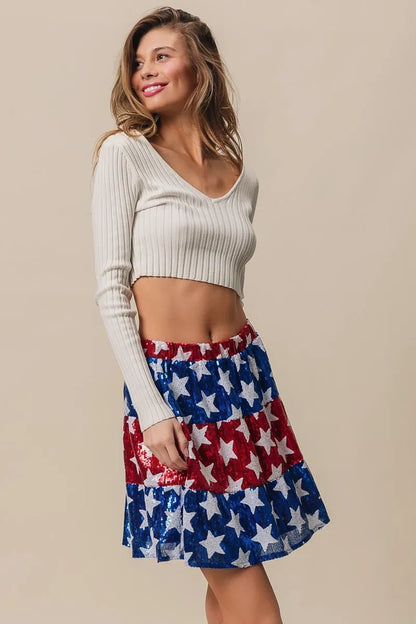 BiBi American Flag Theme Star Sequin Tiered Skirt - Bitsy Gypsy Boutique
