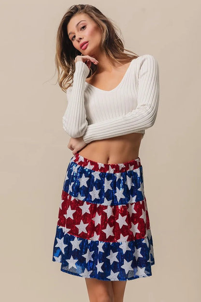 BiBi American Flag Theme Star Sequin Tiered Skirt - Bitsy Gypsy Boutique