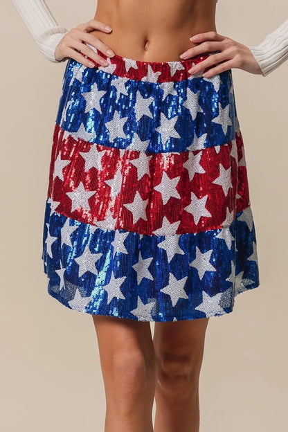 BiBi American Flag Theme Star Sequin Tiered Skirt - Bitsy Gypsy Boutique