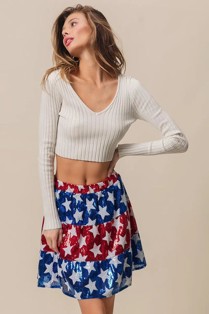 BiBi American Flag Theme Star Sequin Tiered Skirt - Bitsy Gypsy Boutique