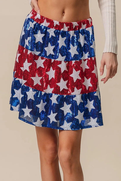 BiBi American Flag Theme Star Sequin Tiered Skirt - Bitsy Gypsy Boutique