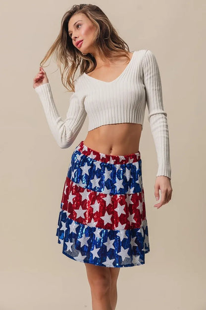 BiBi American Flag Theme Star Sequin Tiered Skirt - Bitsy Gypsy Boutique