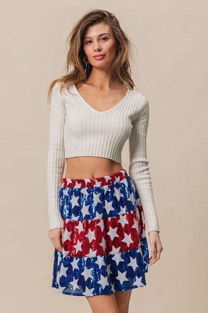 BiBi American Flag Theme Star Sequin Tiered Skirt - Bitsy Gypsy Boutique