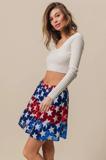 BiBi American Flag Theme Star Sequin Tiered Skirt - Bitsy Gypsy Boutique