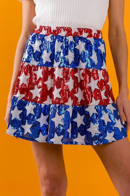 BiBi American Flag Theme Star Sequin Tiered Skirt - Bitsy Gypsy Boutique