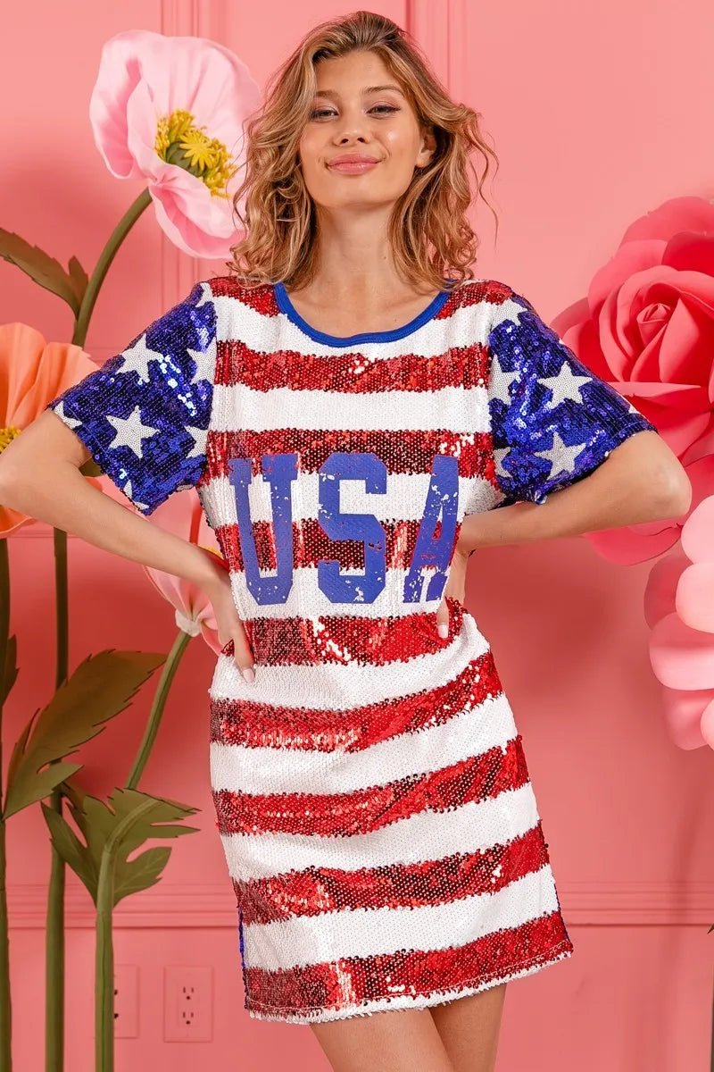 BiBi American Flag Theme Usa Print Sequin Dress - Bitsy Gypsy Boutique