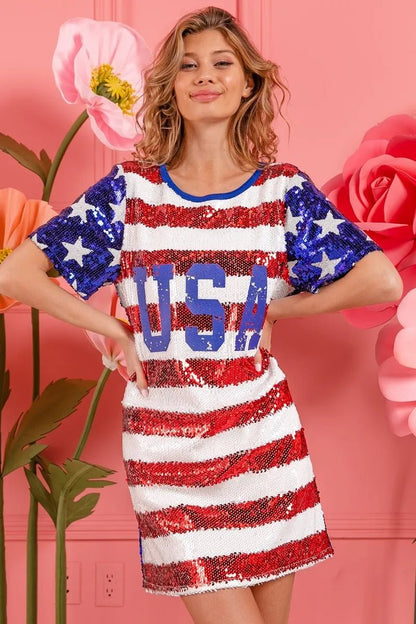 BiBi American Flag Theme Usa Print Sequin Dress - Bitsy Gypsy Boutique
