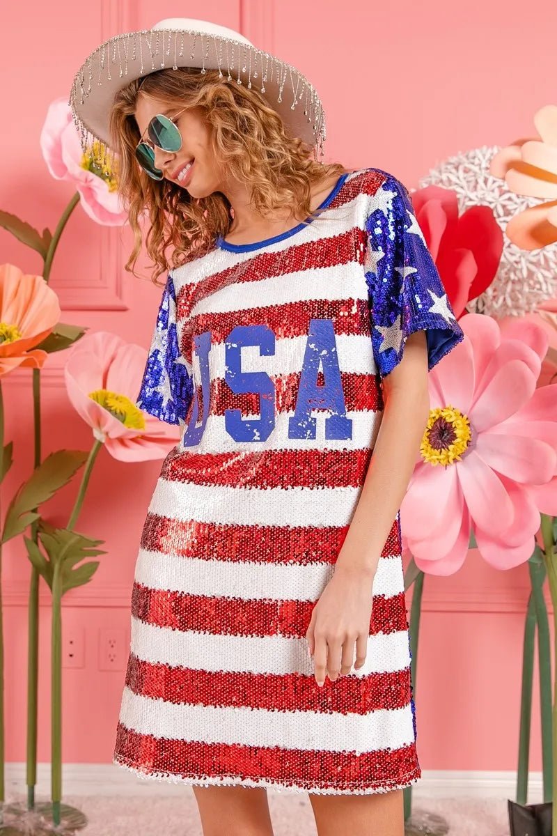 BiBi American Flag Theme Usa Print Sequin Dress - Bitsy Gypsy Boutique