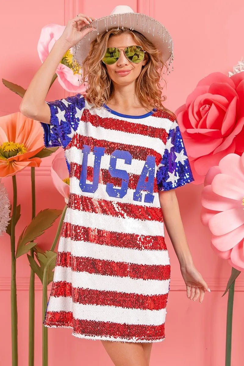 BiBi American Flag Theme Usa Print Sequin Dress - Bitsy Gypsy Boutique