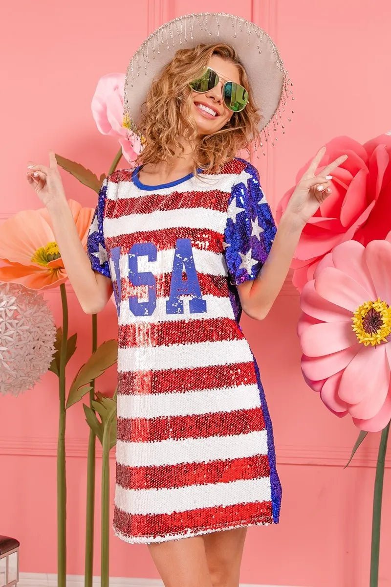 BiBi American Flag Theme Usa Print Sequin Dress - Bitsy Gypsy Boutique