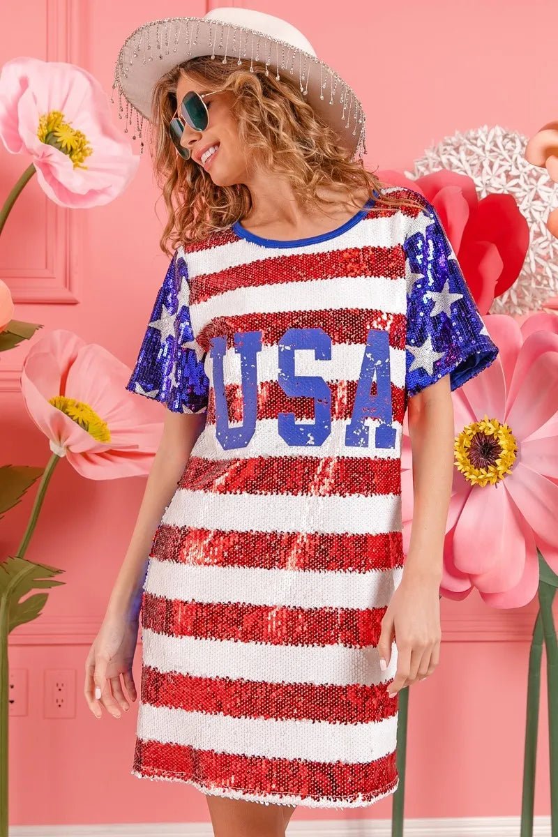 BiBi American Flag Theme Usa Print Sequin Dress - Bitsy Gypsy Boutique